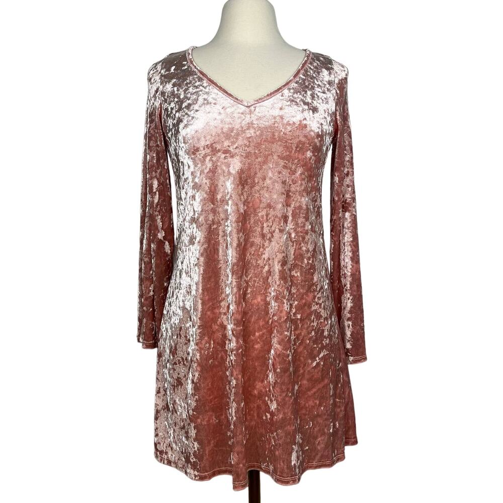 NWOT RL | Pink Boho Bell Sleeve Crushed Velvet V-Neck Mini Dress | Women's